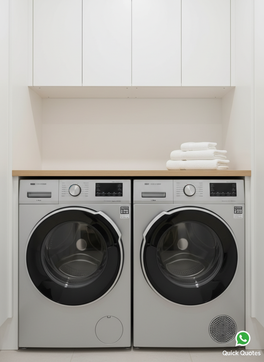 A pristine, silver front-loading washing machine and matching heat-pump dryer arranged side by side in a compact yet luxurious laundry nook. Their glossy doors with dark glass portholes reveal a hint of stainless-steel drums inside, while sleek digital touch panels glow with soft white icons. The units are framed by matte white cabinetry and a pale oak countertop, with a single neatly folded stack of white towels adding a hint of texture. Overhead, soft studio-style lighting provides even illumination, eliminating harsh shadows and highlighting the appliances’ contours. Photographic realism with an eye-level perspective and balanced framing creates a professional, trustworthy atmosphere that underscores global-quality performance and efficient service, ideal for a business promoting quick quotes via WhatsApp.