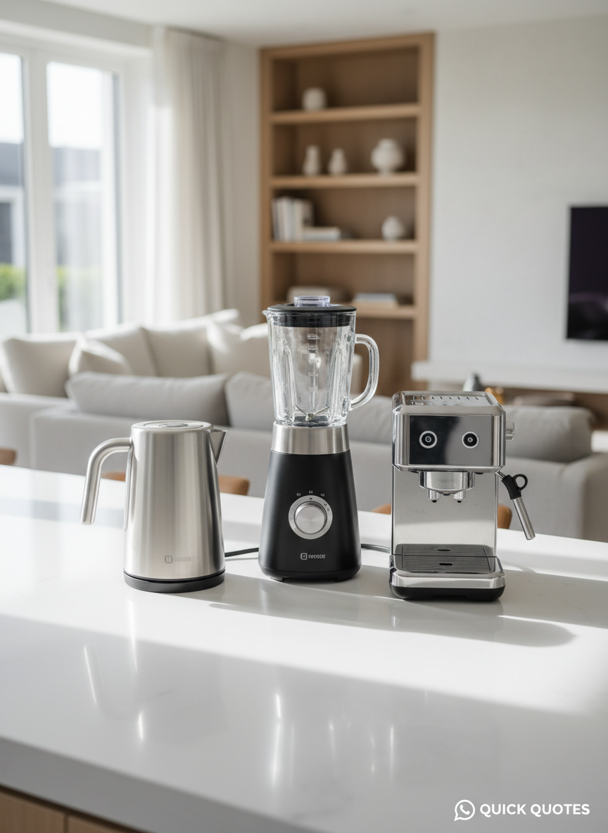 A polished white island kitchen counter featuring a coordinated set of premium small home appliances: a brushed-metal electric kettle, a high-power blender with a clear glass jar, and a compact espresso machine with chrome accents. Each appliance has refined, minimal controls and discrete branding, suggesting sophisticated engineering. The background shows a softly blurred, open-plan living area with neutral tones and tidy shelves. Natural daylight from large windows illuminates the scene from the side, creating soft highlights on the metallic surfaces and faint, realistic shadows. Shot from a slightly elevated angle with shallow depth of field, the composition centers the appliances in a photographic, modern aesthetic. The mood is orderly, calm, and professional, ideal for a business showcasing global-quality appliance offerings and quick WhatsApp quotes.