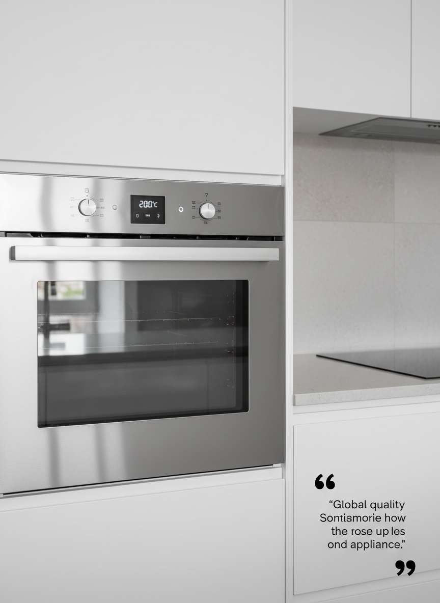 A sleek, stainless-steel built-in oven and induction cooktop combination, their brushed metal surfaces perfectly aligned within matte white cabinetry, representing high-end home appliances. The control panels glow with subtle white LED indicators, and a dark glass oven door reflects a modern, uncluttered kitchen. The setting is a spacious, contemporary kitchen with light gray quartz countertops and a neutral backsplash. Soft, diffused daylight enters from an unseen window, creating gentle reflections and minimal shadows. Captured at eye level with photographic realism and sharp focus, the composition uses the rule of thirds, leaving negative space for text overlay on one side. The mood is professional, clean, and premium, emphasizing global-quality appliances ready for a digital quotation experience.
