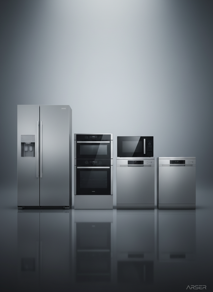 A professional product line-up of essential home appliances arranged in a seamless row on a reflective, dark gray surface: a tall, stainless-steel double-door refrigerator, a built-in oven tower, a countertop microwave with a mirrored door, and an ultra-slim dishwasher with a minimalist handle. Behind them, a softly blurred gradient background in cool gray and deep charcoal hints at a high-tech showroom environment. Precise studio lighting from above and slightly to the side creates elegant highlights along the metal edges and subtle reflections on the floor, reinforcing a premium, global brand image. Captured in wide-angle photographic realism with centered, symmetrical composition and ample negative space above, the mood is authoritative, modern, and business-focused, ideal for a corporate homepage hero image presenting Arser’s comprehensive appliance solutions.